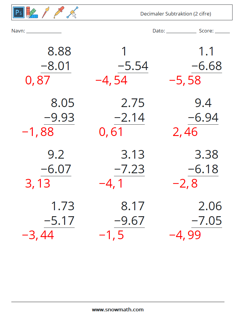 (12) Decimaler Subtraktion (2 cifre) Matematiske regneark 3 Spørgsmål, svar