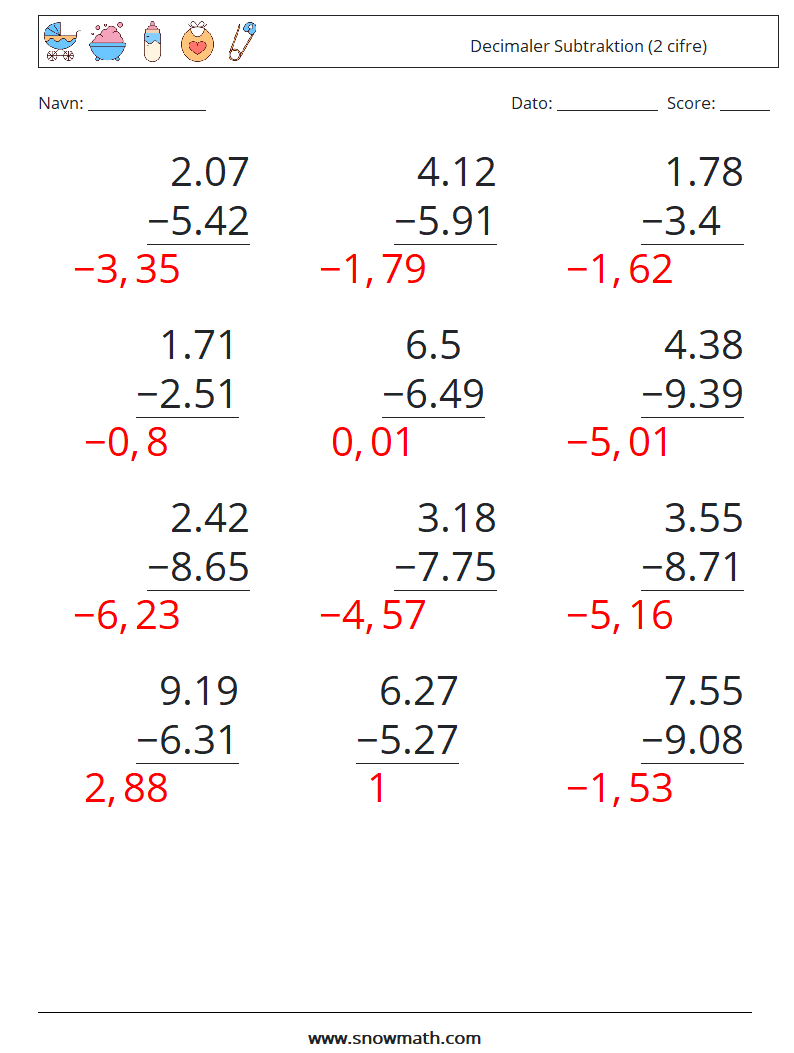 (12) Decimaler Subtraktion (2 cifre) Matematiske regneark 6 Spørgsmål, svar