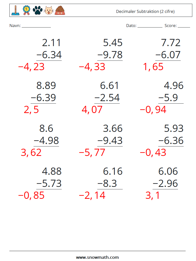 (12) Decimaler Subtraktion (2 cifre) Matematiske regneark 7 Spørgsmål, svar