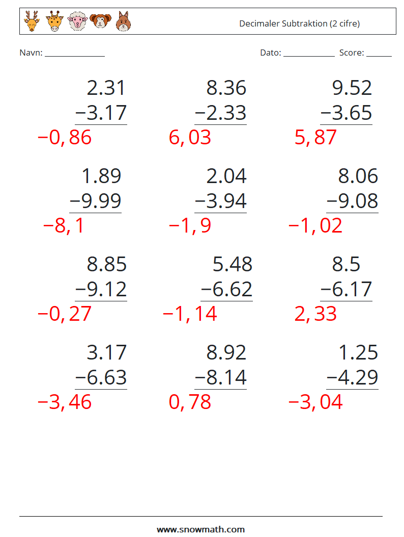 (12) Decimaler Subtraktion (2 cifre) Matematiske regneark 8 Spørgsmål, svar