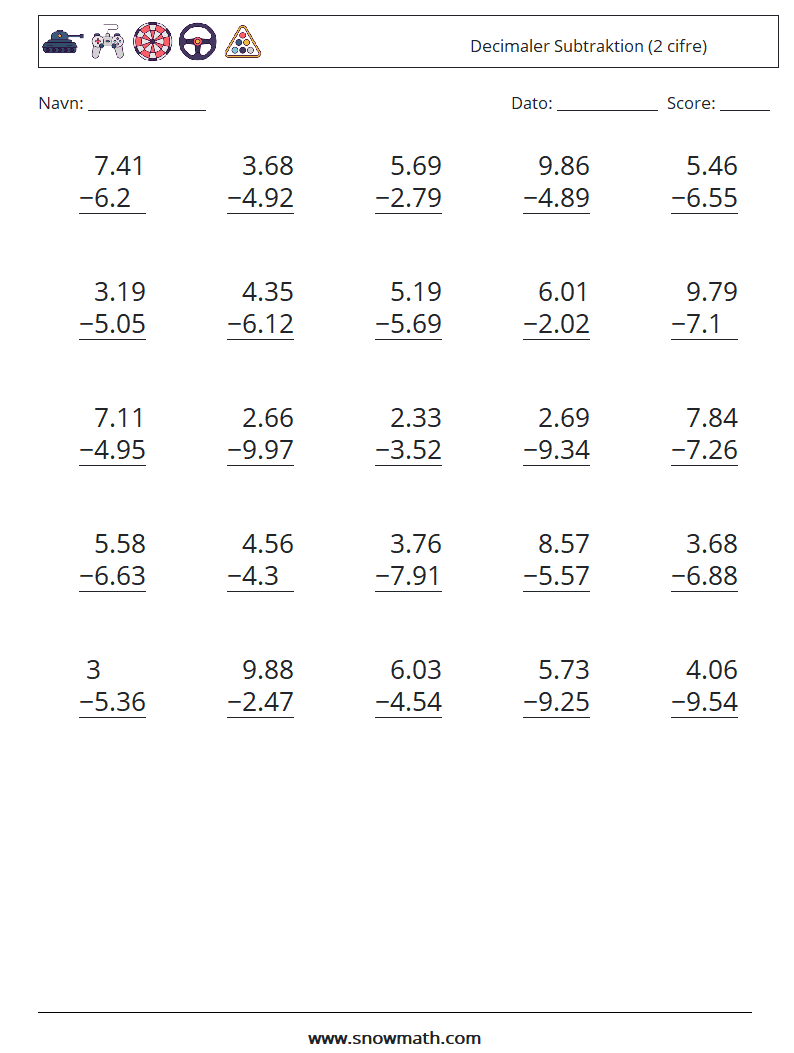 (25) Decimaler Subtraktion (2 cifre) Matematiske regneark 10