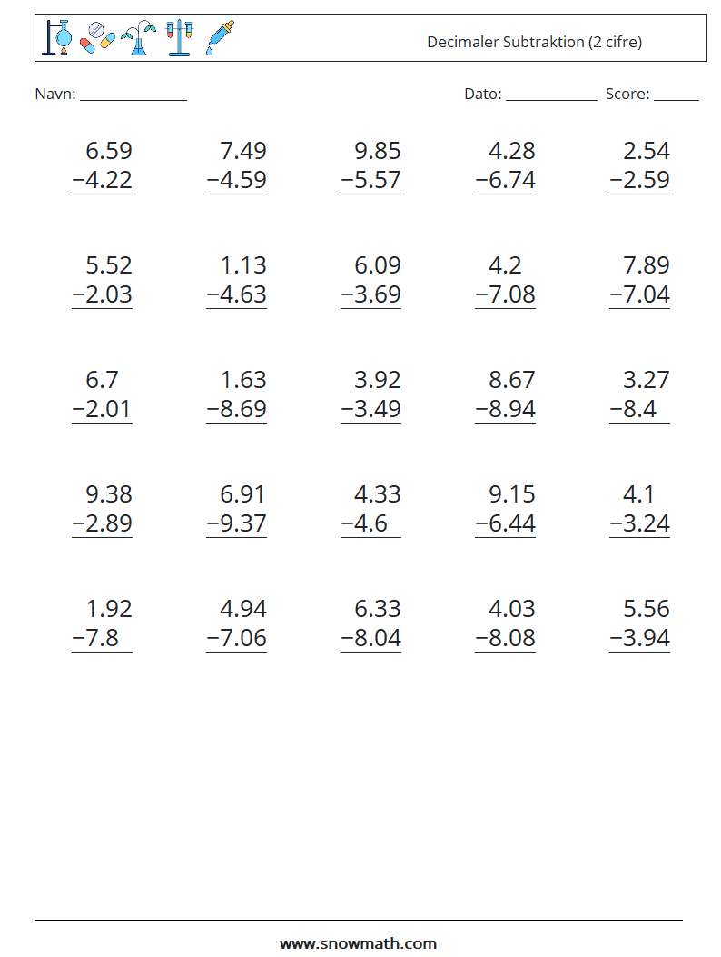 (25) Decimaler Subtraktion (2 cifre) Matematiske regneark 11
