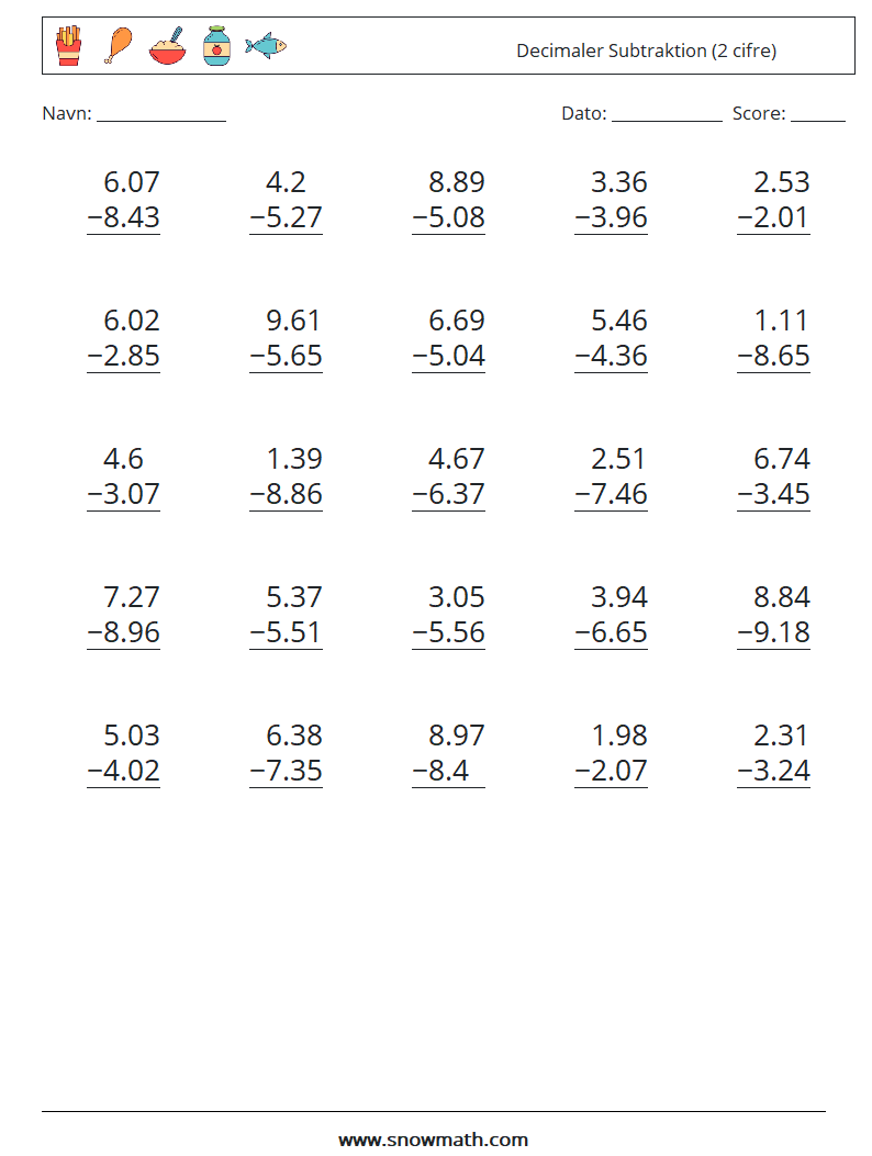 (25) Decimaler Subtraktion (2 cifre) Matematiske regneark 12