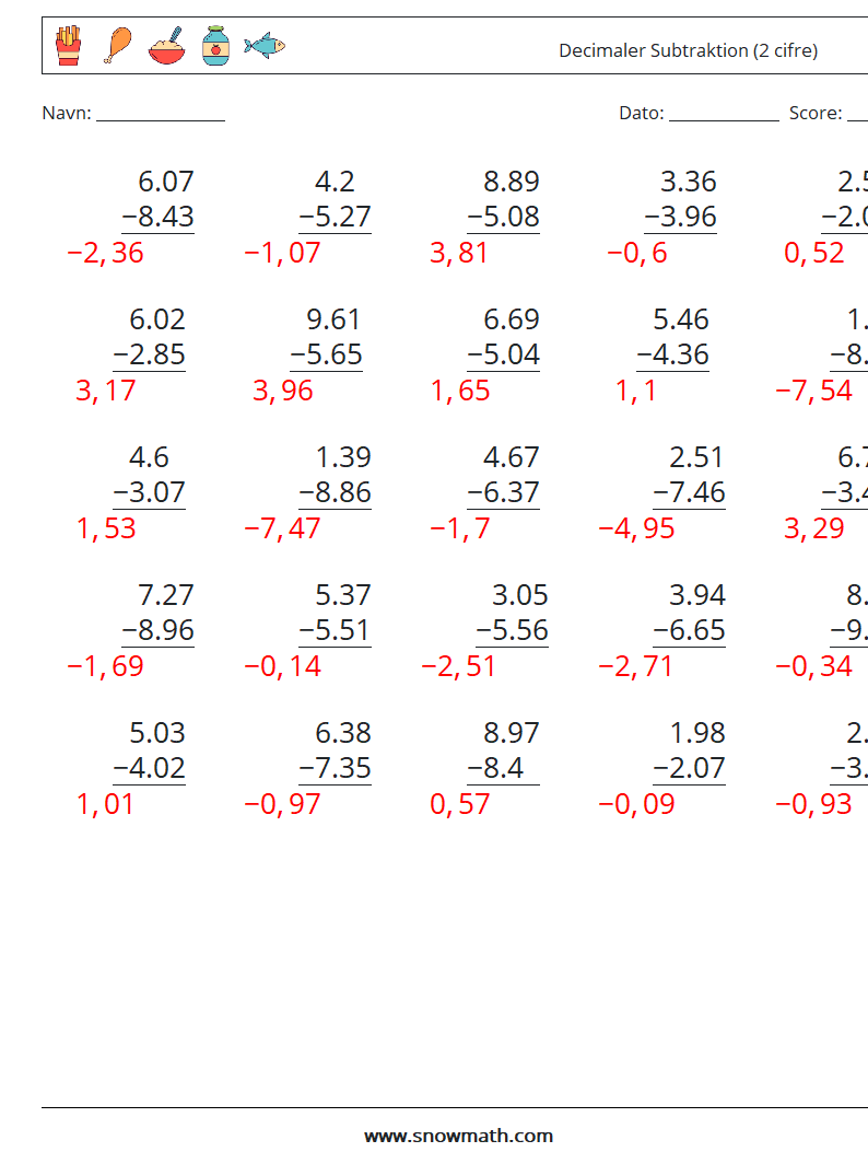 (25) Decimaler Subtraktion (2 cifre) Matematiske regneark 12 Spørgsmål, svar