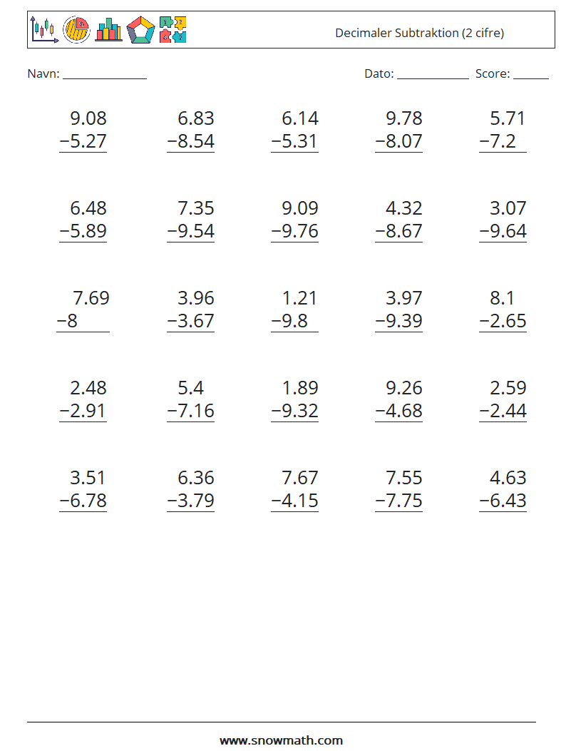 (25) Decimaler Subtraktion (2 cifre) Matematiske regneark 13