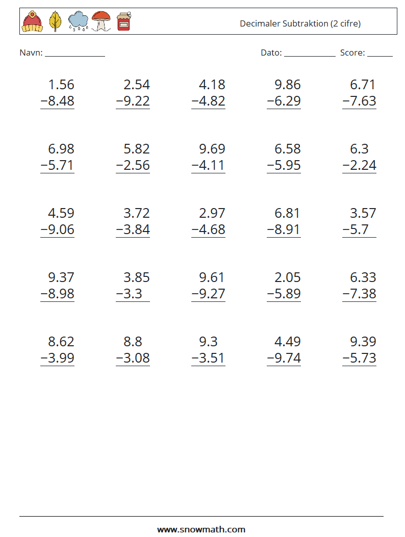 (25) Decimaler Subtraktion (2 cifre) Matematiske regneark 14
