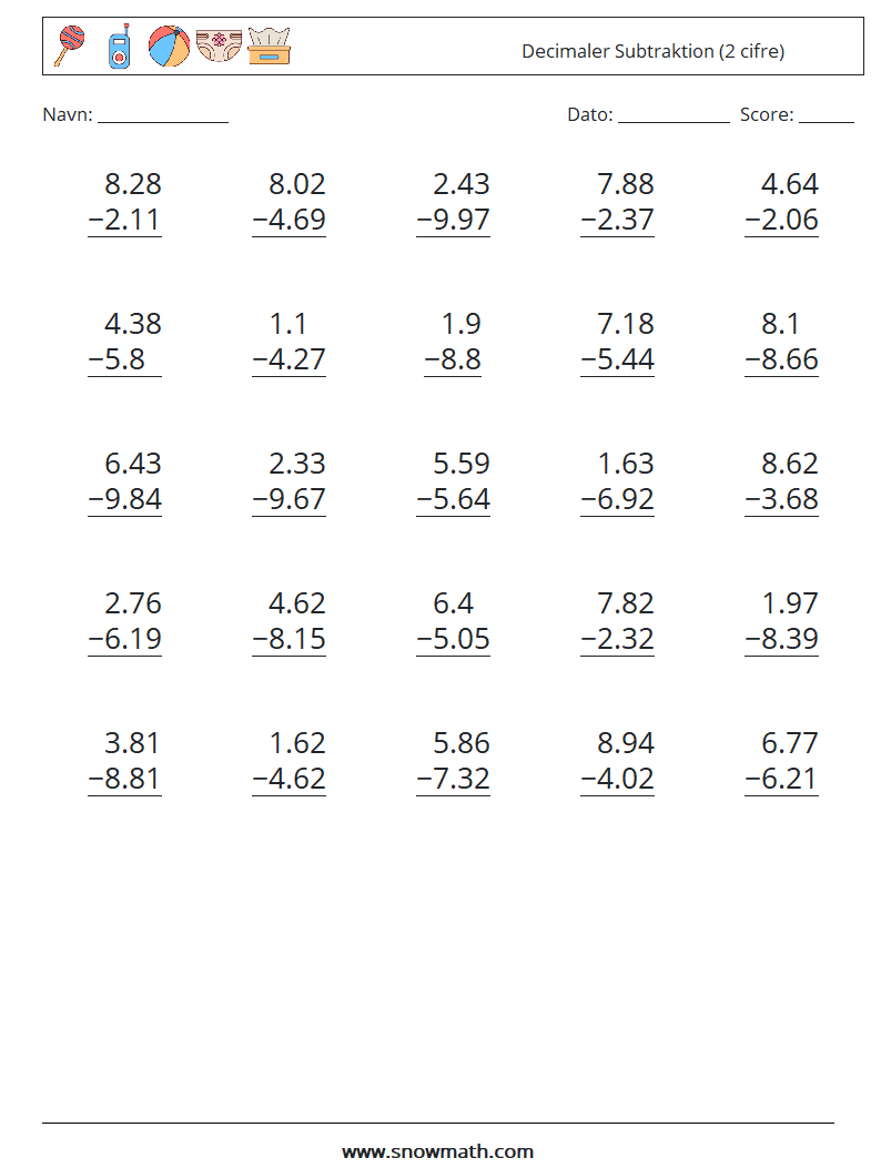 (25) Decimaler Subtraktion (2 cifre) Matematiske regneark 15