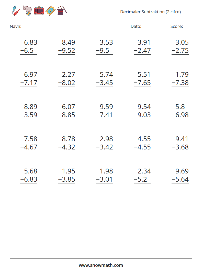 (25) Decimaler Subtraktion (2 cifre) Matematiske regneark 16