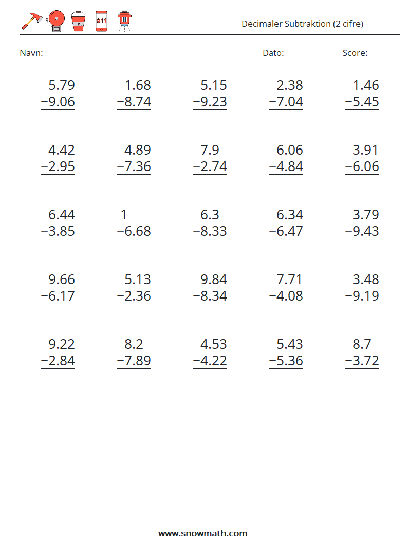 (25) Decimaler Subtraktion (2 cifre) Matematiske regneark 17