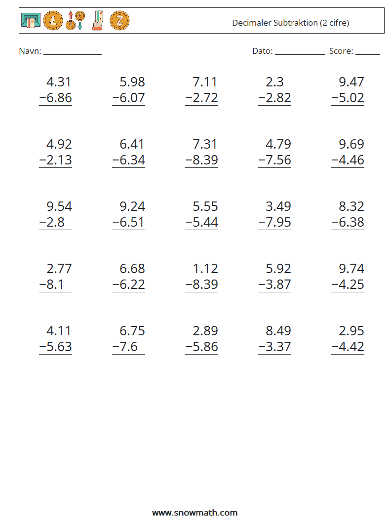 (25) Decimaler Subtraktion (2 cifre) Matematiske regneark 18