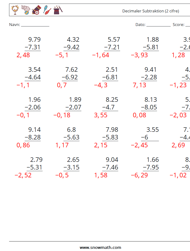 (25) Decimaler Subtraktion (2 cifre) Matematiske regneark 1 Spørgsmål, svar