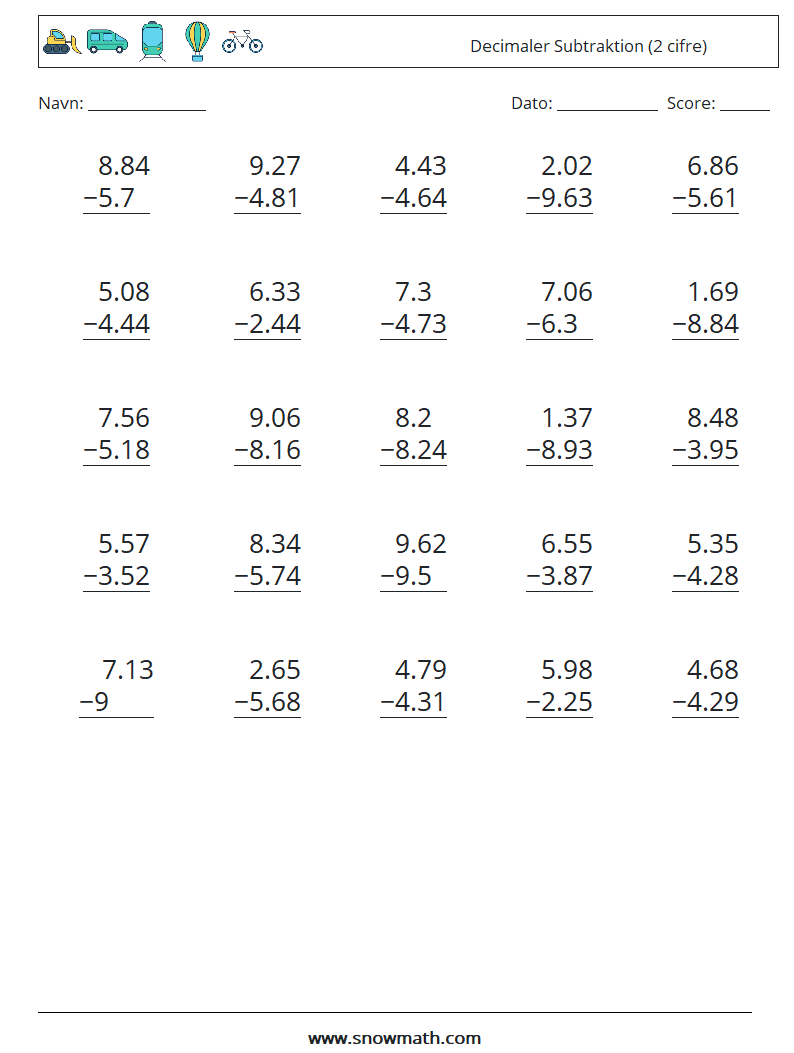 (25) Decimaler Subtraktion (2 cifre) Matematiske regneark 2
