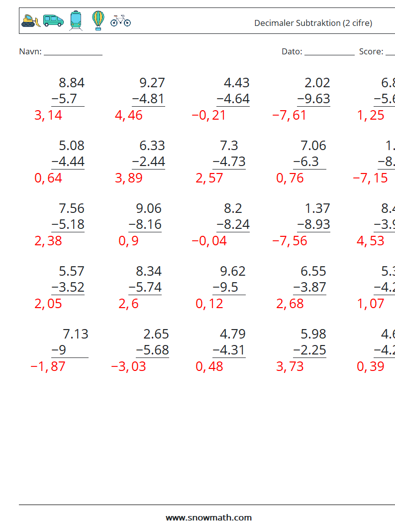 (25) Decimaler Subtraktion (2 cifre) Matematiske regneark 2 Spørgsmål, svar
