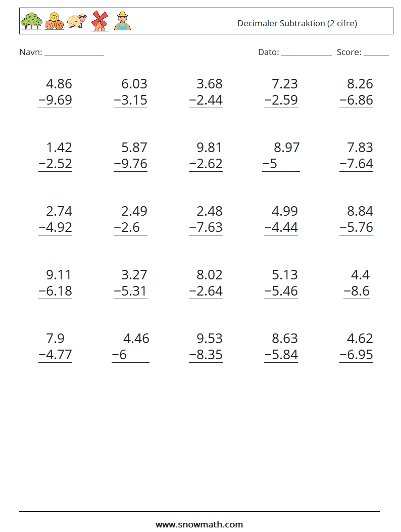 (25) Decimaler Subtraktion (2 cifre) Matematiske regneark 3