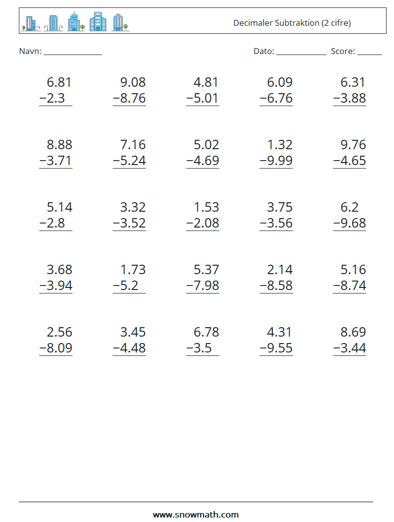 (25) Decimaler Subtraktion (2 cifre) Matematiske regneark 4