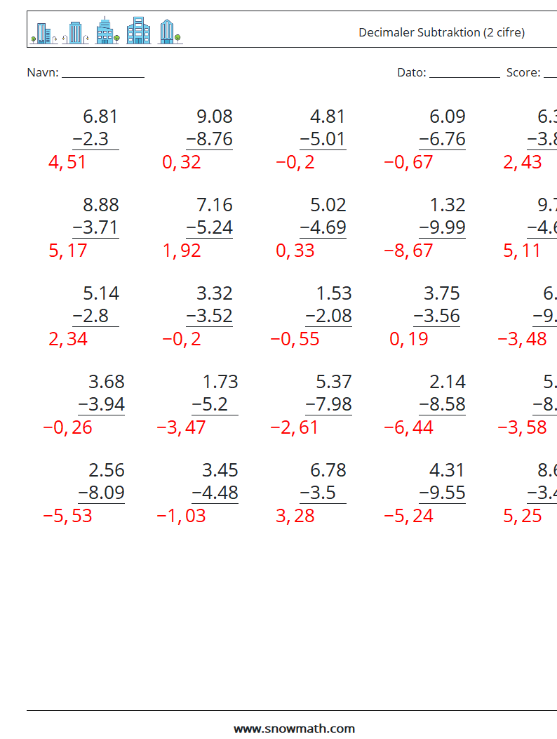 (25) Decimaler Subtraktion (2 cifre) Matematiske regneark 4 Spørgsmål, svar