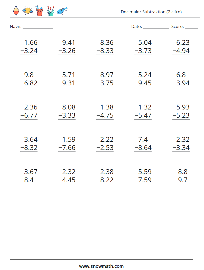 (25) Decimaler Subtraktion (2 cifre) Matematiske regneark 5