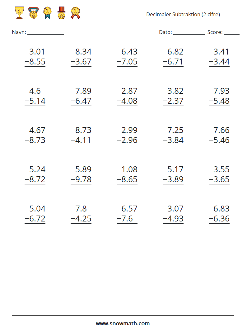 (25) Decimaler Subtraktion (2 cifre) Matematiske regneark 6