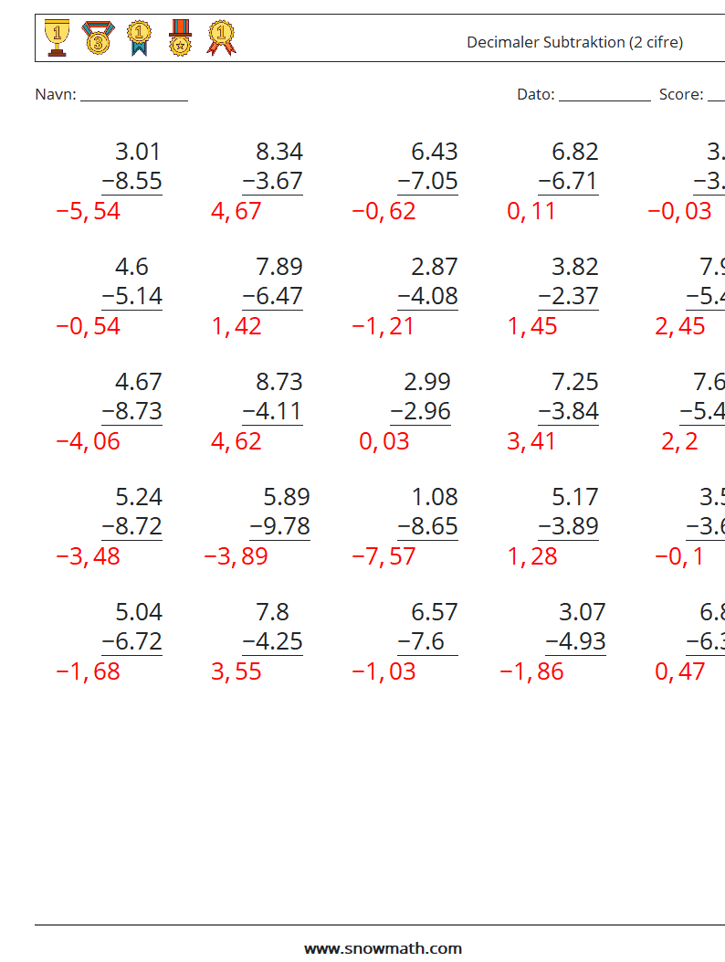 (25) Decimaler Subtraktion (2 cifre) Matematiske regneark 6 Spørgsmål, svar