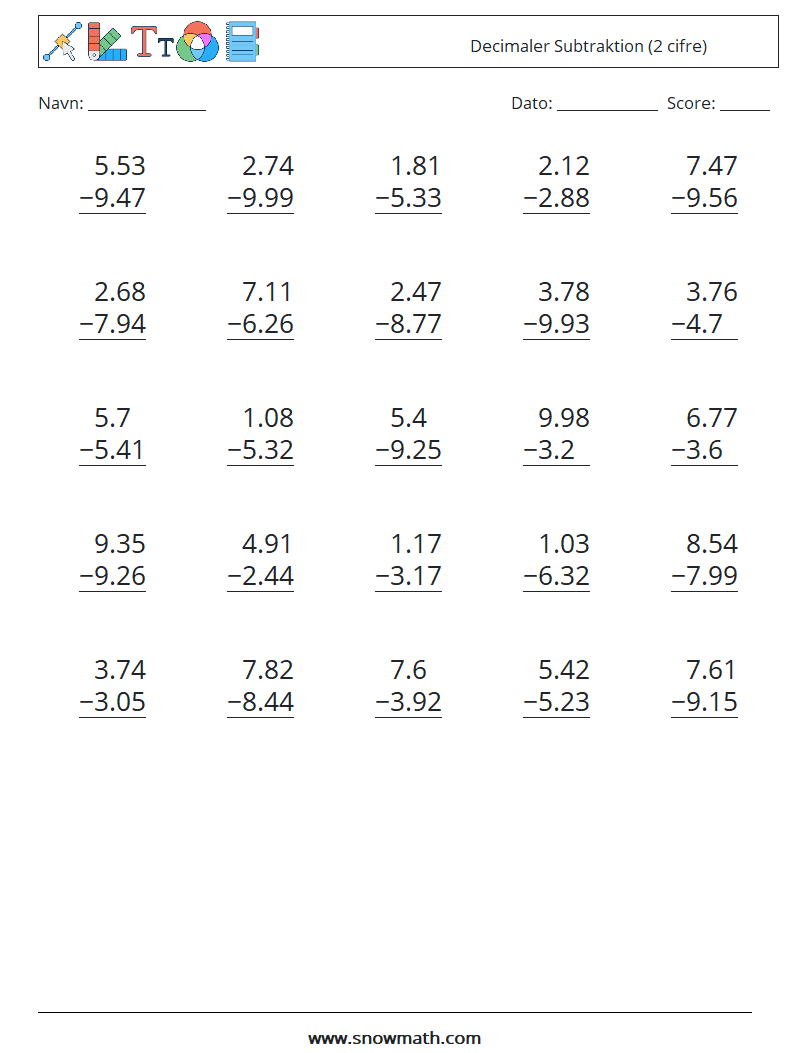 (25) Decimaler Subtraktion (2 cifre) Matematiske regneark 7
