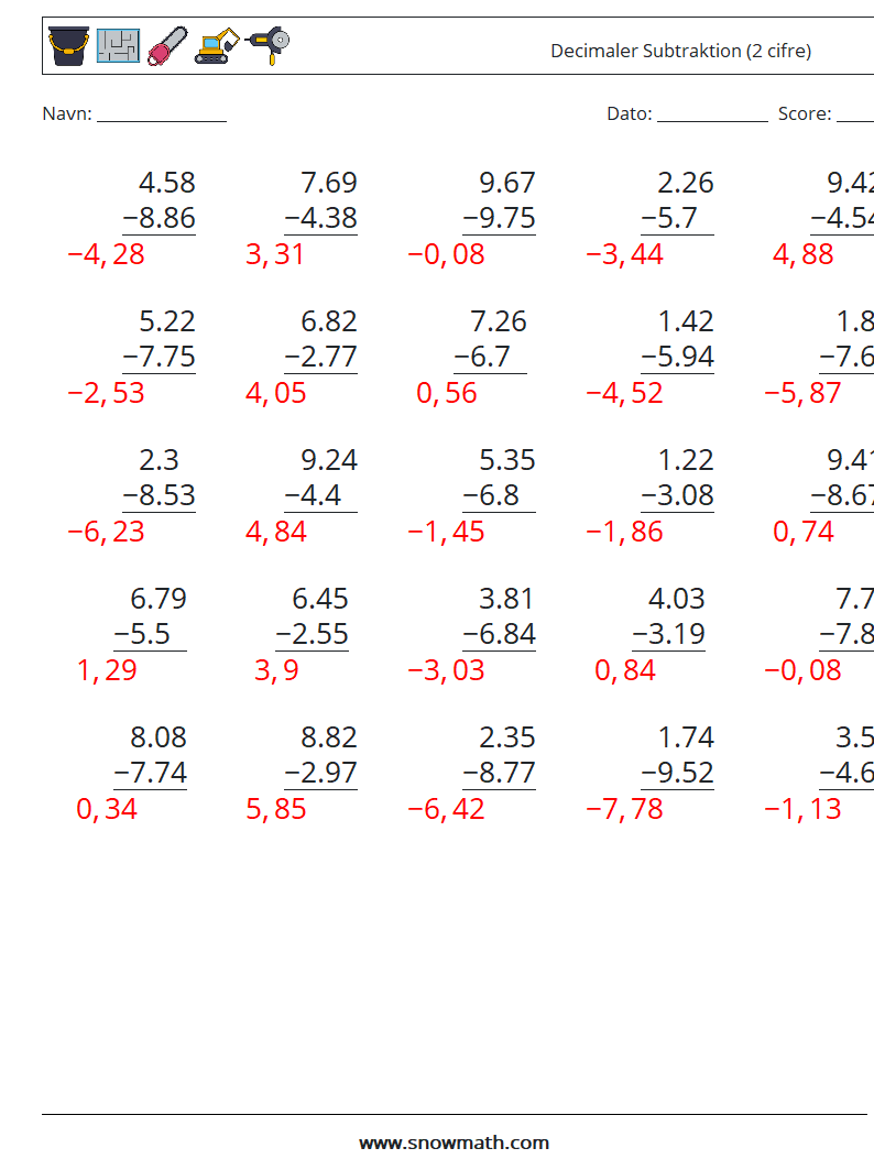 (25) Decimaler Subtraktion (2 cifre) Matematiske regneark 8 Spørgsmål, svar
