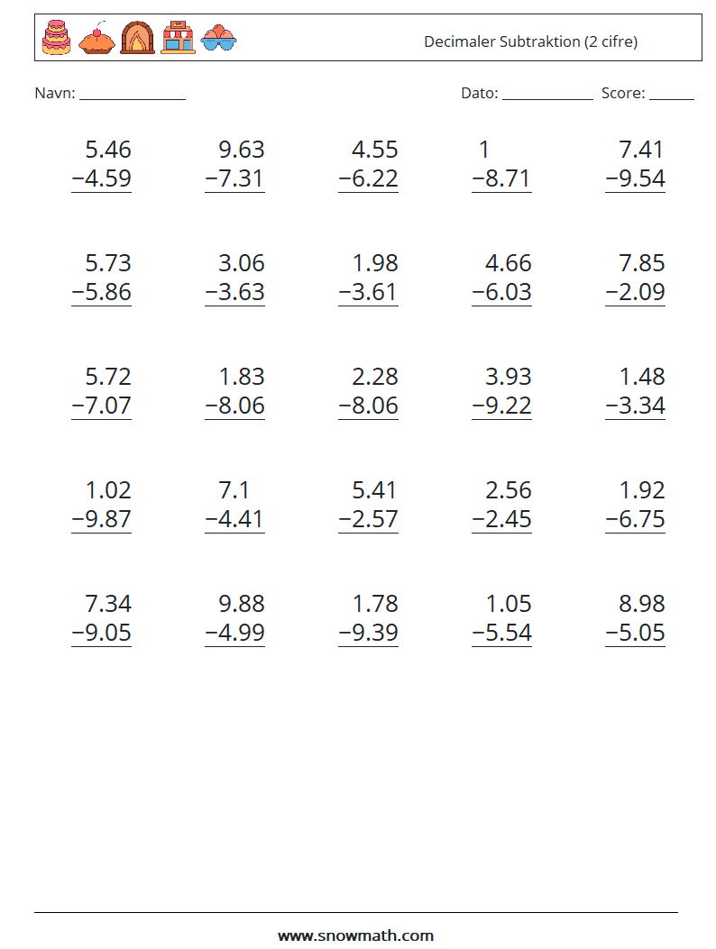 (25) Decimaler Subtraktion (2 cifre) Matematiske regneark 9