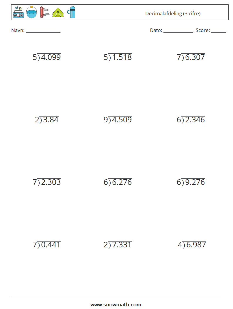 (12) Decimalafdeling (3 cifre) Matematiske regneark 11