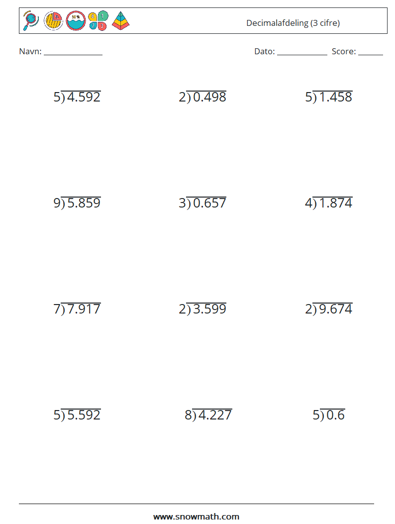 (12) Decimalafdeling (3 cifre) Matematiske regneark 12