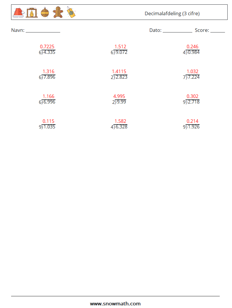 (12) Decimalafdeling (3 cifre) Matematiske regneark 13 Spørgsmål, svar