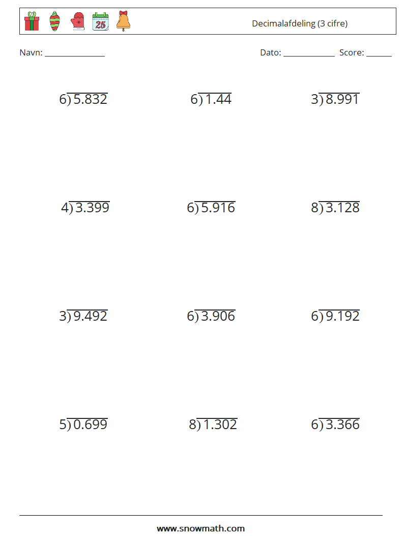 (12) Decimalafdeling (3 cifre) Matematiske regneark 14