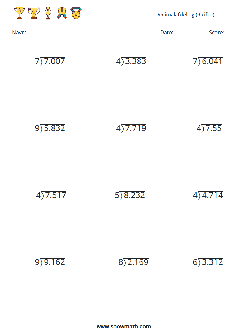 (12) Decimalafdeling (3 cifre) Matematiske regneark 15