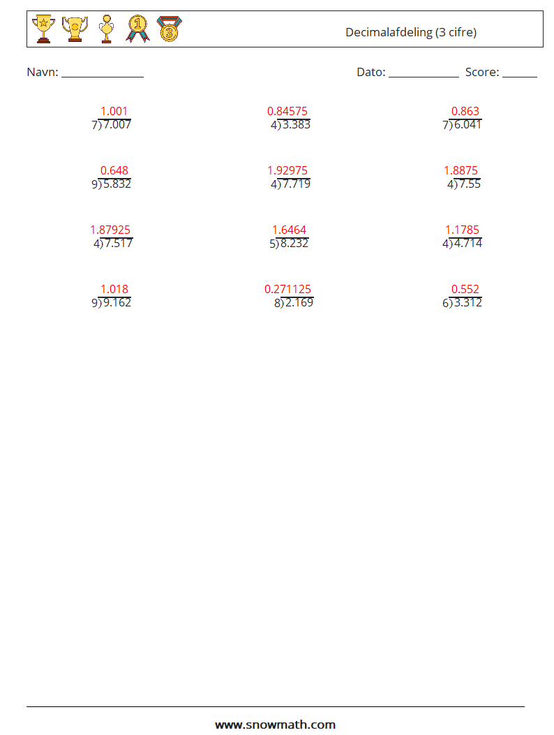 (12) Decimalafdeling (3 cifre) Matematiske regneark 15 Spørgsmål, svar