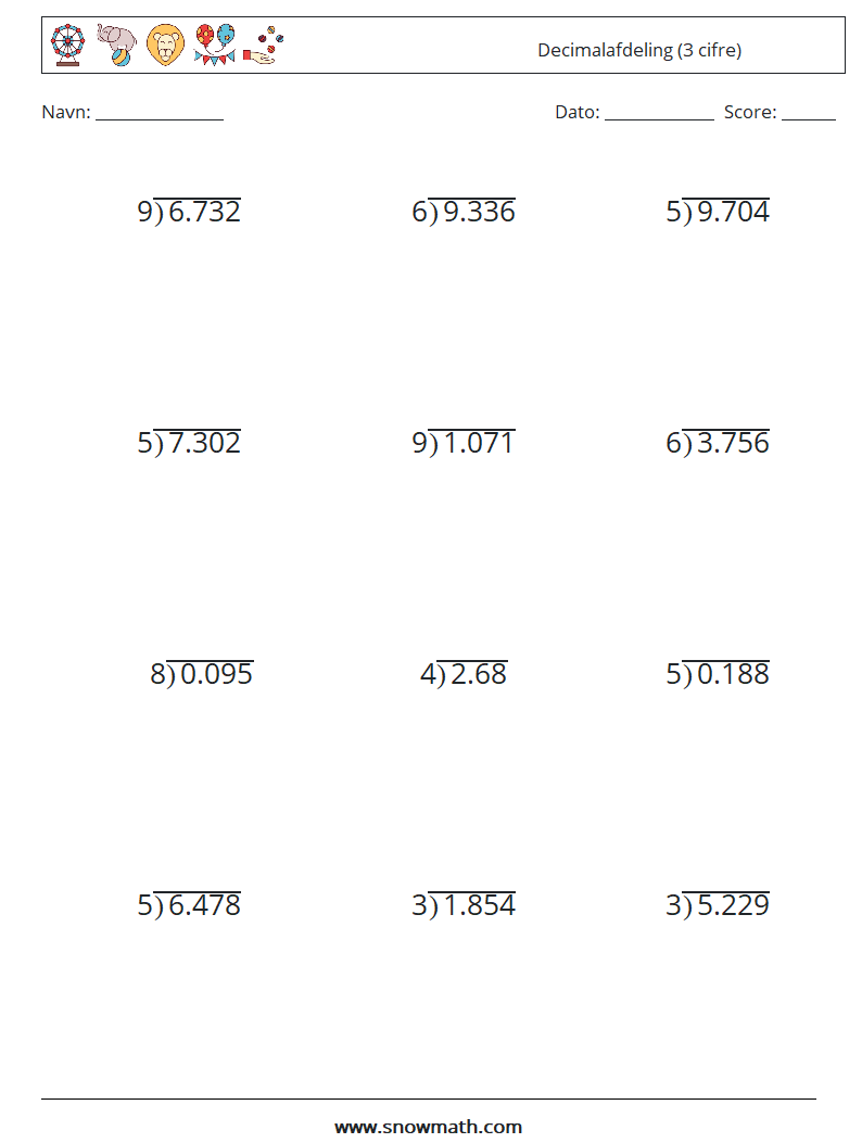 (12) Decimalafdeling (3 cifre) Matematiske regneark 16