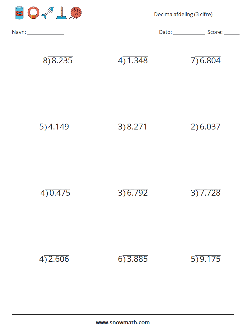 (12) Decimalafdeling (3 cifre) Matematiske regneark 17