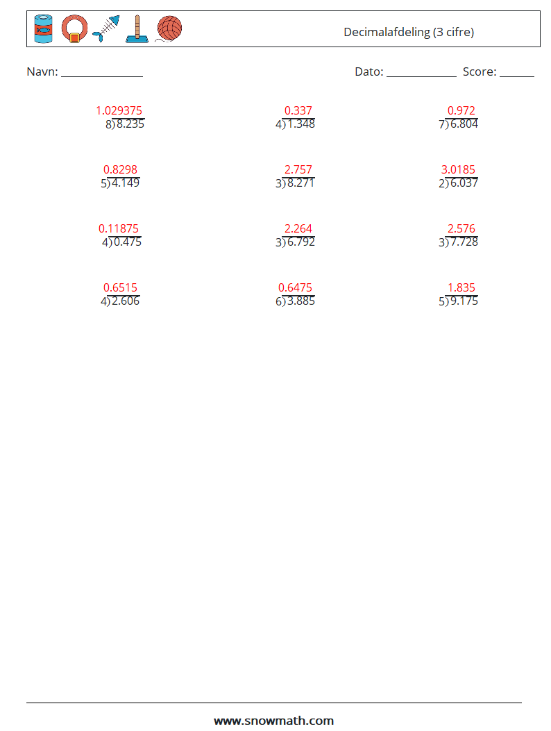 (12) Decimalafdeling (3 cifre) Matematiske regneark 17 Spørgsmål, svar