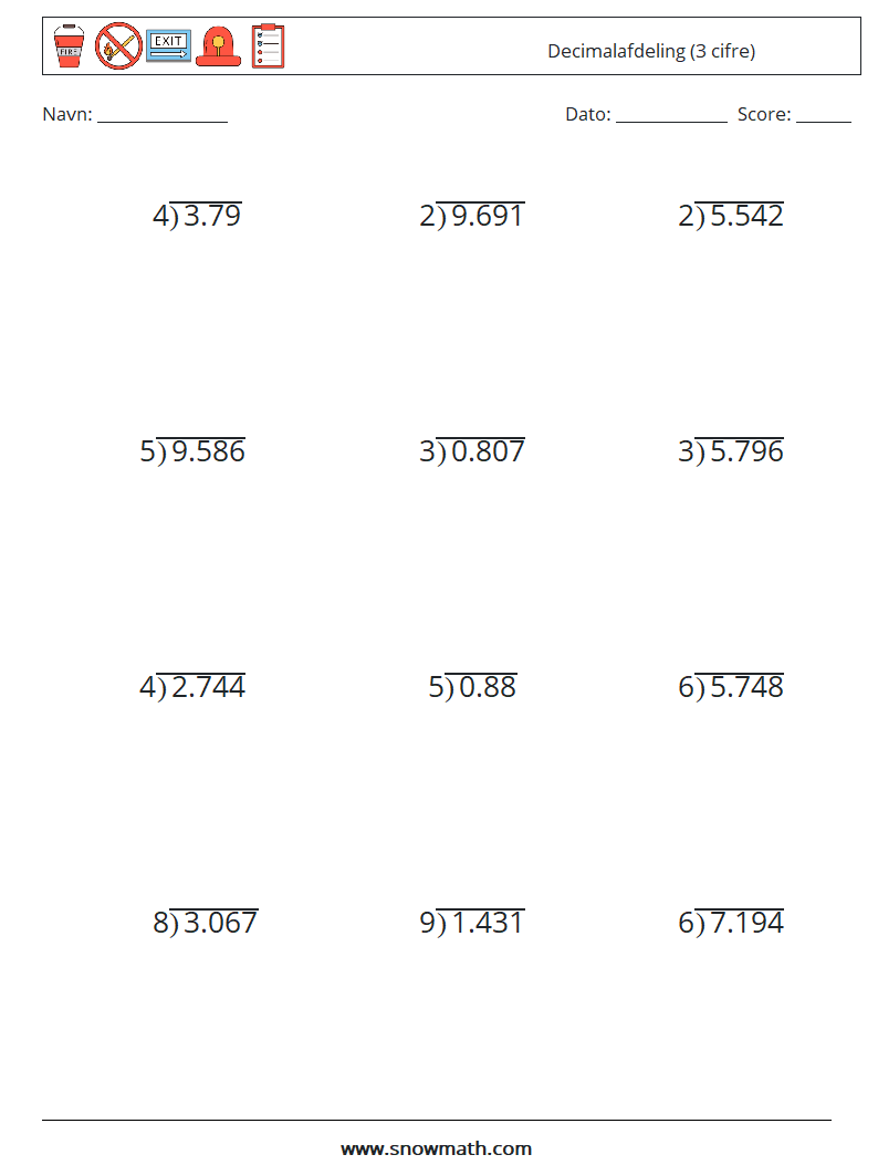 (12) Decimalafdeling (3 cifre) Matematiske regneark 4