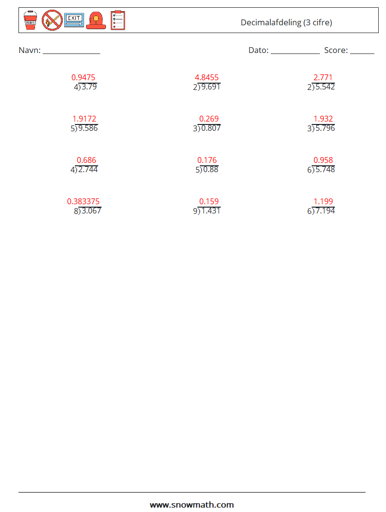 (12) Decimalafdeling (3 cifre) Matematiske regneark 4 Spørgsmål, svar