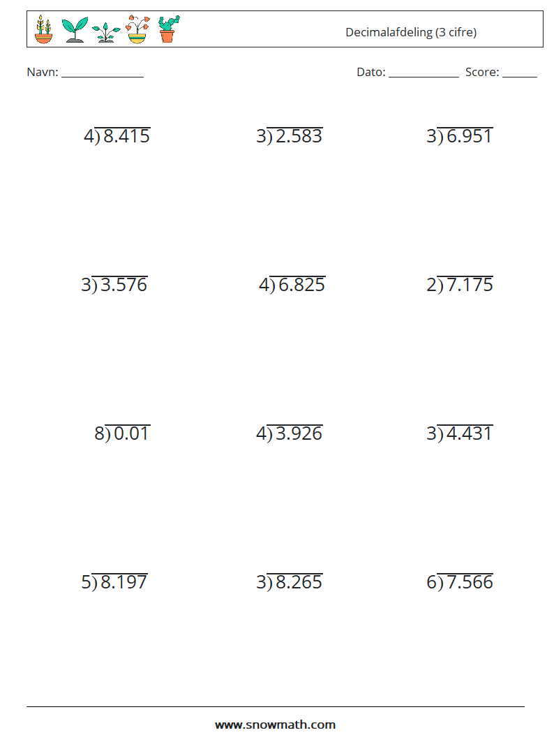(12) Decimalafdeling (3 cifre) Matematiske regneark 7