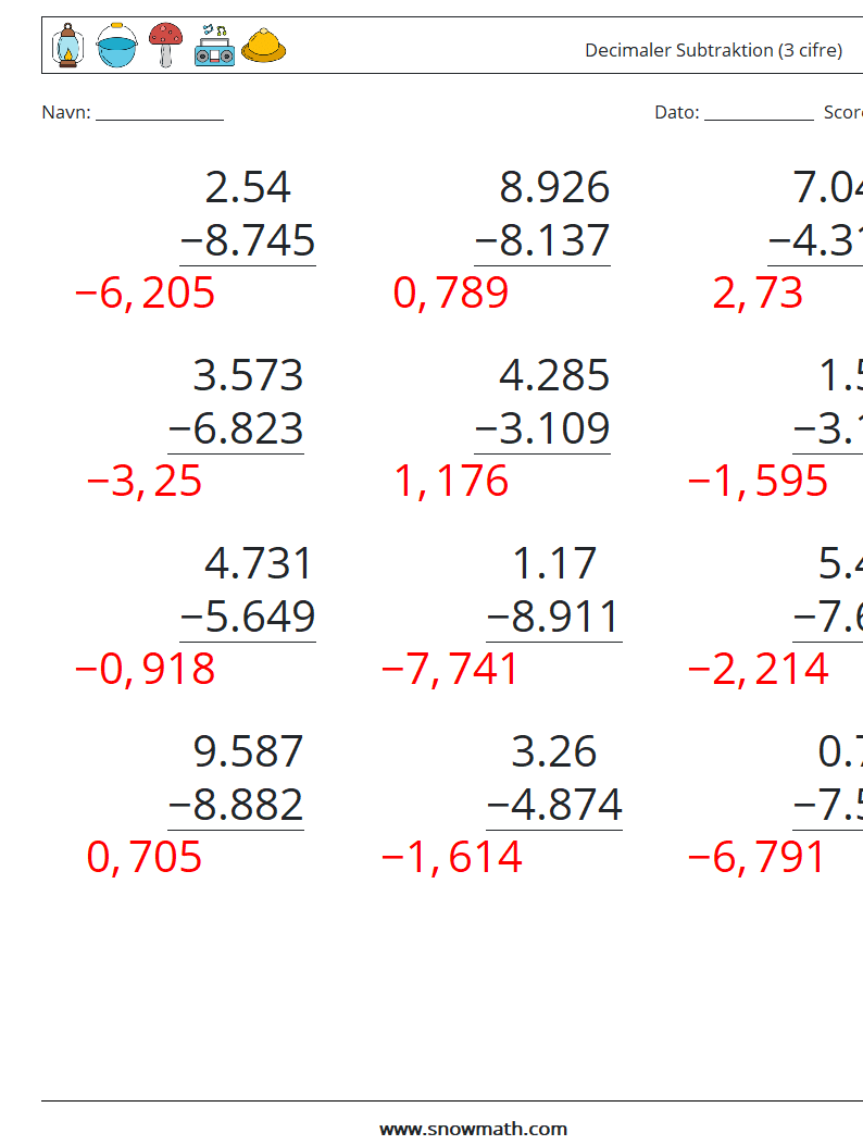 (12) Decimaler Subtraktion (3 cifre) Matematiske regneark 11 Spørgsmål, svar