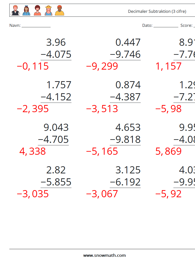 (12) Decimaler Subtraktion (3 cifre) Matematiske regneark 16 Spørgsmål, svar