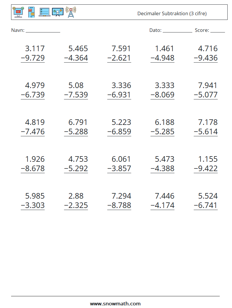 (25) Decimaler Subtraktion (3 cifre) Matematiske regneark 10