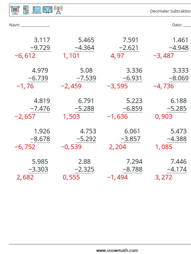 (25) Decimaler Subtraktion (3 cifre) Matematiske regneark 10 Spørgsmål, svar