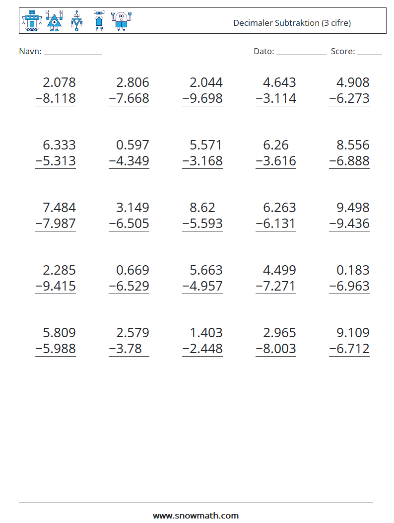 (25) Decimaler Subtraktion (3 cifre) Matematiske regneark 11