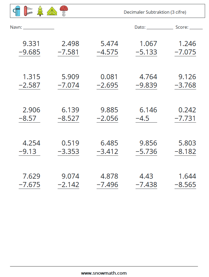 (25) Decimaler Subtraktion (3 cifre) Matematiske regneark 12