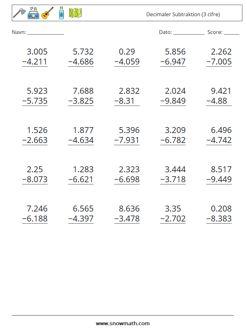 (25) Decimaler Subtraktion (3 cifre) Matematiske regneark 13