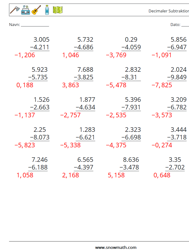 (25) Decimaler Subtraktion (3 cifre) Matematiske regneark 13 Spørgsmål, svar