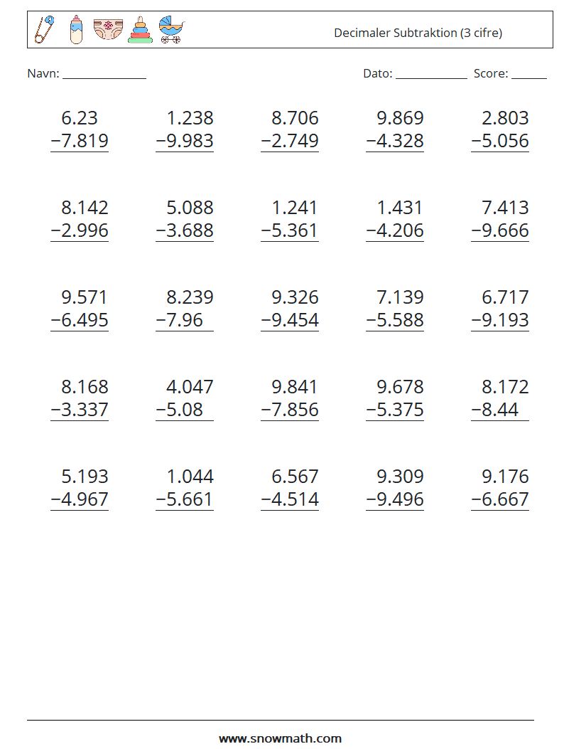 (25) Decimaler Subtraktion (3 cifre) Matematiske regneark 14