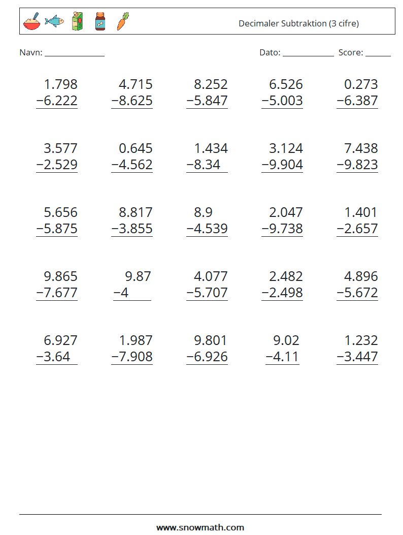 (25) Decimaler Subtraktion (3 cifre) Matematiske regneark 15