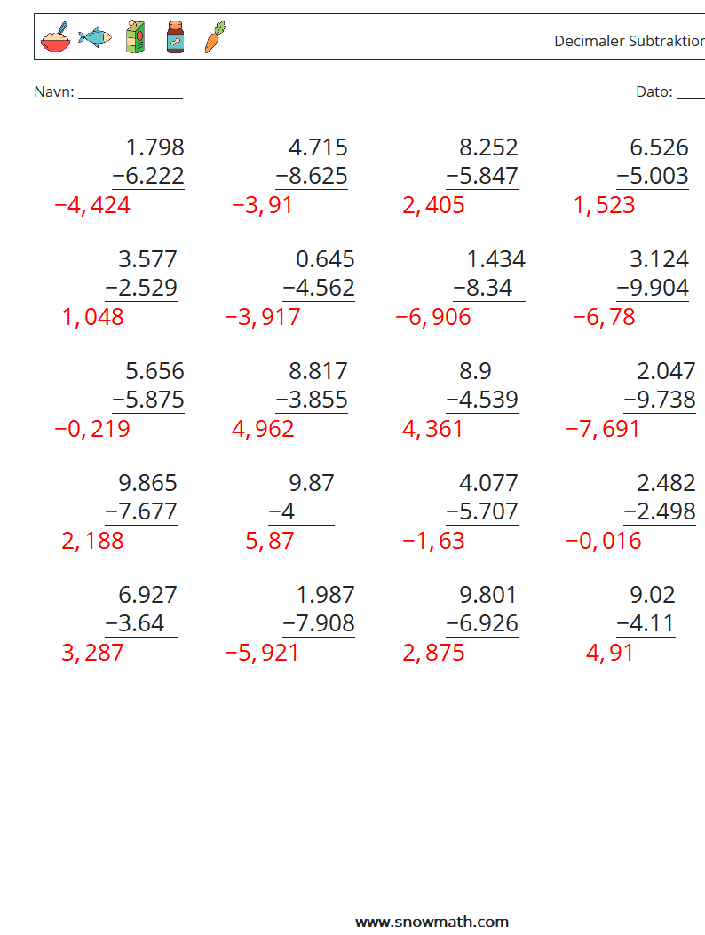 (25) Decimaler Subtraktion (3 cifre) Matematiske regneark 15 Spørgsmål, svar