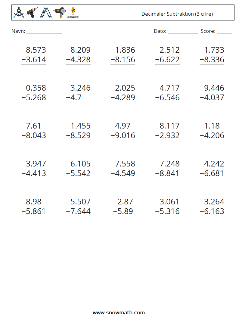(25) Decimaler Subtraktion (3 cifre) Matematiske regneark 16